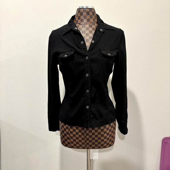 Vtg 2000s Y2K Michelle Black Snap Blouse M Stretch Long Sleeve Shirt Top Fitted - Picture 2 of 7